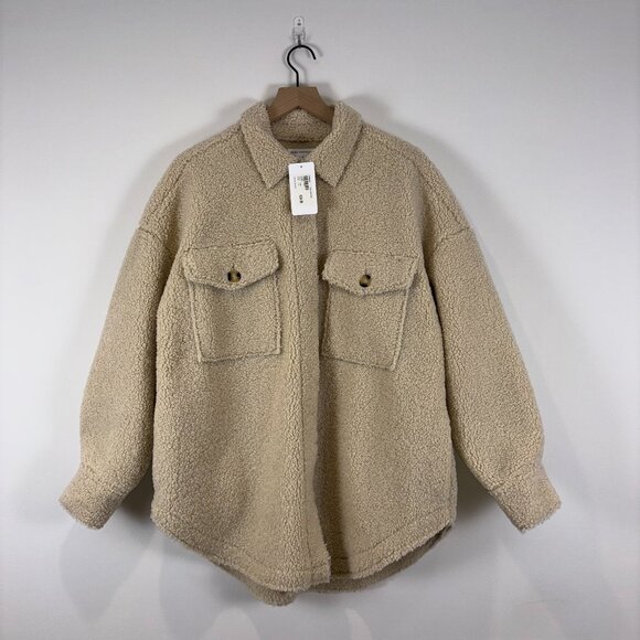 Good American Sherpa Shacket Jacket Tusk Beige Size 1/2 NWT Oversized Teddy Coat